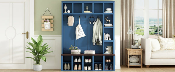 English Elm Farmhouse Hall Tree with Bench Cubbies and Six Hooks for Mudroom Entryway Storage N721S000044C-1