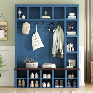 English Elm Farmhouse Hall Tree with Bench Cubbies and Six Hooks for Mudroom Entryway Storage N721S000044C-1