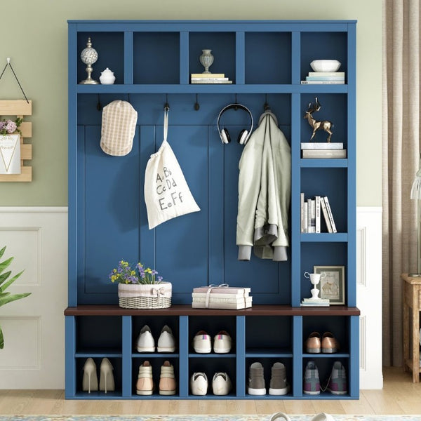 English Elm Farmhouse Hall Tree with Bench Cubbies and Six Hooks for Mudroom Entryway Storage N721S000044C-1