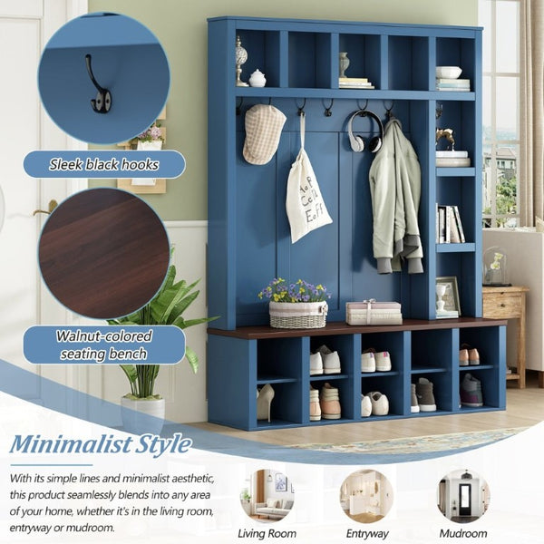 English Elm Farmhouse Hall Tree with Bench Cubbies and Six Hooks for Mudroom Entryway Storage N721S000044C-1