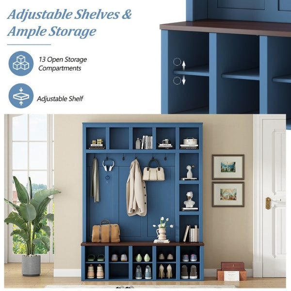 English Elm Farmhouse Hall Tree with Bench Cubbies and Six Hooks for Mudroom Entryway Storage N721S000044C-1