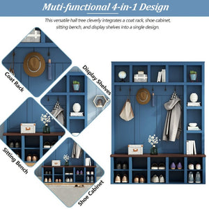English Elm Farmhouse Hall Tree with Bench Cubbies and Six Hooks for Mudroom Entryway Storage N721S000044C-1