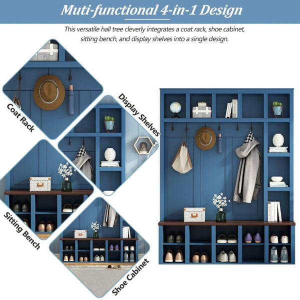 English Elm Farmhouse Hall Tree with Bench Cubbies and Six Hooks for Mudroom Entryway Storage N721S000044C-1