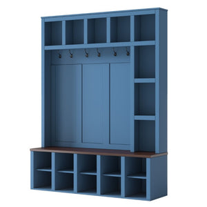 English Elm Farmhouse Hall Tree with Bench Cubbies and Six Hooks for Mudroom Entryway Storage N721S000044C-1
