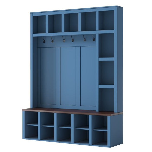 English Elm Farmhouse Hall Tree with Bench Cubbies and Six Hooks for Mudroom Entryway Storage N721S000044C-1