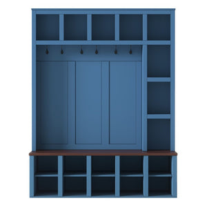English Elm Farmhouse Hall Tree with Bench Cubbies and Six Hooks for Mudroom Entryway Storage N721S000044C-1