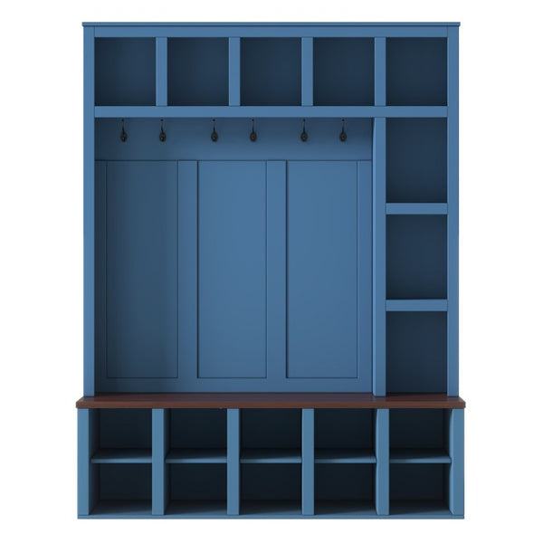 English Elm Farmhouse Hall Tree with Bench Cubbies and Six Hooks for Mudroom Entryway Storage N721S000044C-1