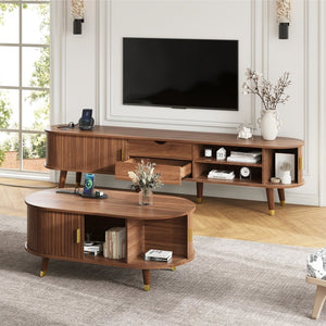 English Elm Farmhouse Tv Stand and Coffee Table Set with Fluted Doors Built-in Charging Station Walnut N721S000049D-1