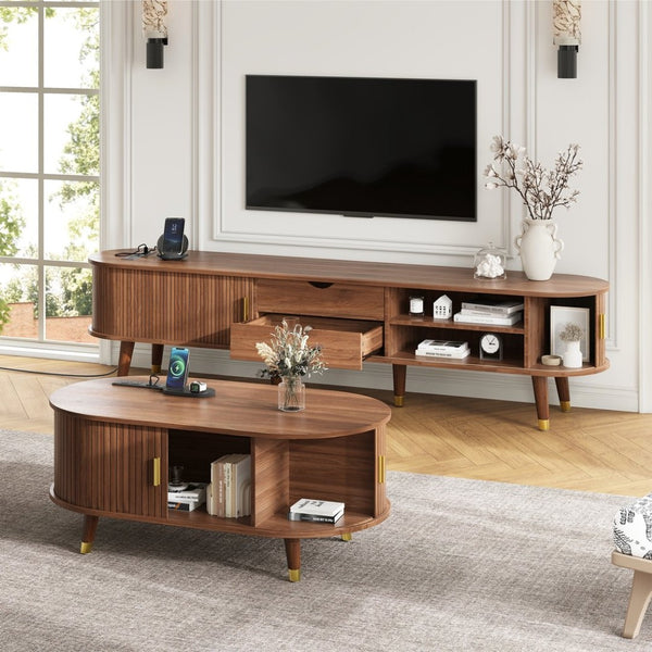 English Elm Farmhouse Tv Stand and Coffee Table Set with Fluted Doors Built-in Charging Station Walnut N721S000049D-1