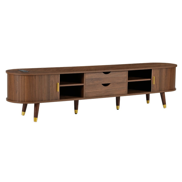 English Elm Farmhouse Tv Stand and Coffee Table Set with Fluted Doors Built-in Charging Station Walnut N721S000049D-1