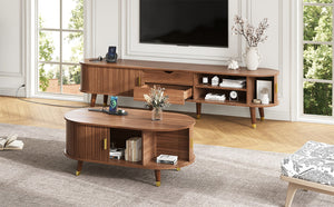 English Elm Farmhouse Tv Stand and Coffee Table Set with Fluted Doors Built-in Charging Station Walnut N721S000049D-1