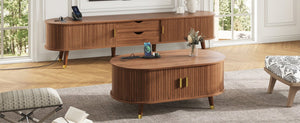 English Elm Farmhouse Tv Stand and Coffee Table Set with Fluted Doors Built-in Charging Station Walnut N721S000049D-1