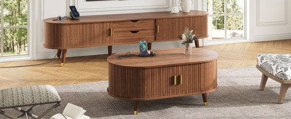English Elm Farmhouse Tv Stand and Coffee Table Set with Fluted Doors Built-in Charging Station Walnut N721S000049D-1
