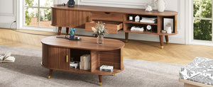 English Elm Farmhouse Tv Stand and Coffee Table Set with Fluted Doors Built-in Charging Station Walnut N721S000049D-1