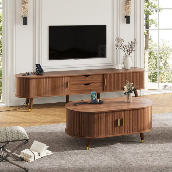 English Elm Farmhouse Tv Stand and Coffee Table Set with Fluted Doors Built-in Charging Station Walnut N721S000049D-1