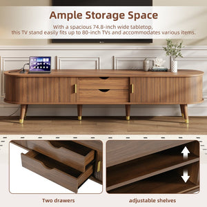 English Elm Farmhouse Tv Stand and Coffee Table Set with Fluted Doors Built-in Charging Station Walnut N721S000049D-1