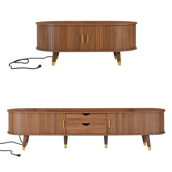 English Elm Farmhouse Tv Stand and Coffee Table Set with Fluted Doors Built-in Charging Station Walnut N721S000049D-1