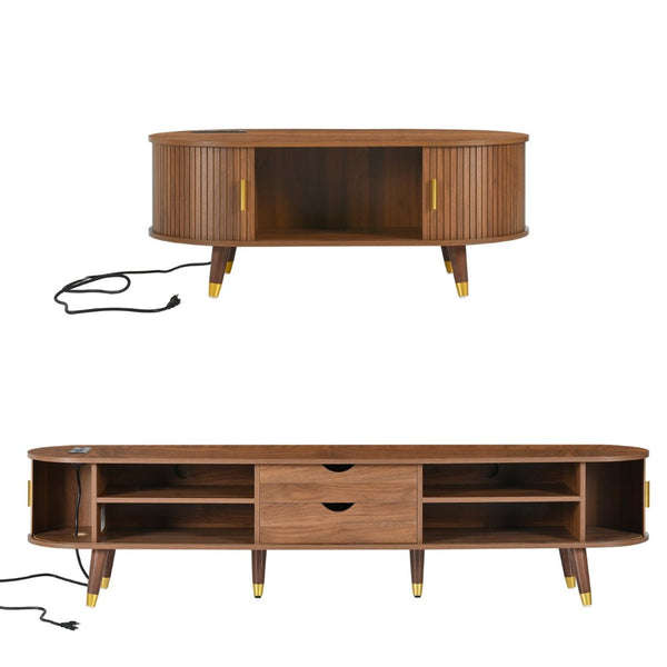 English Elm Farmhouse Tv Stand and Coffee Table Set with Fluted Doors Built-in Charging Station Walnut N721S000049D-1