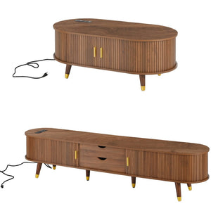 English Elm Farmhouse Tv Stand and Coffee Table Set with Fluted Doors Built-in Charging Station Walnut N721S000049D-1