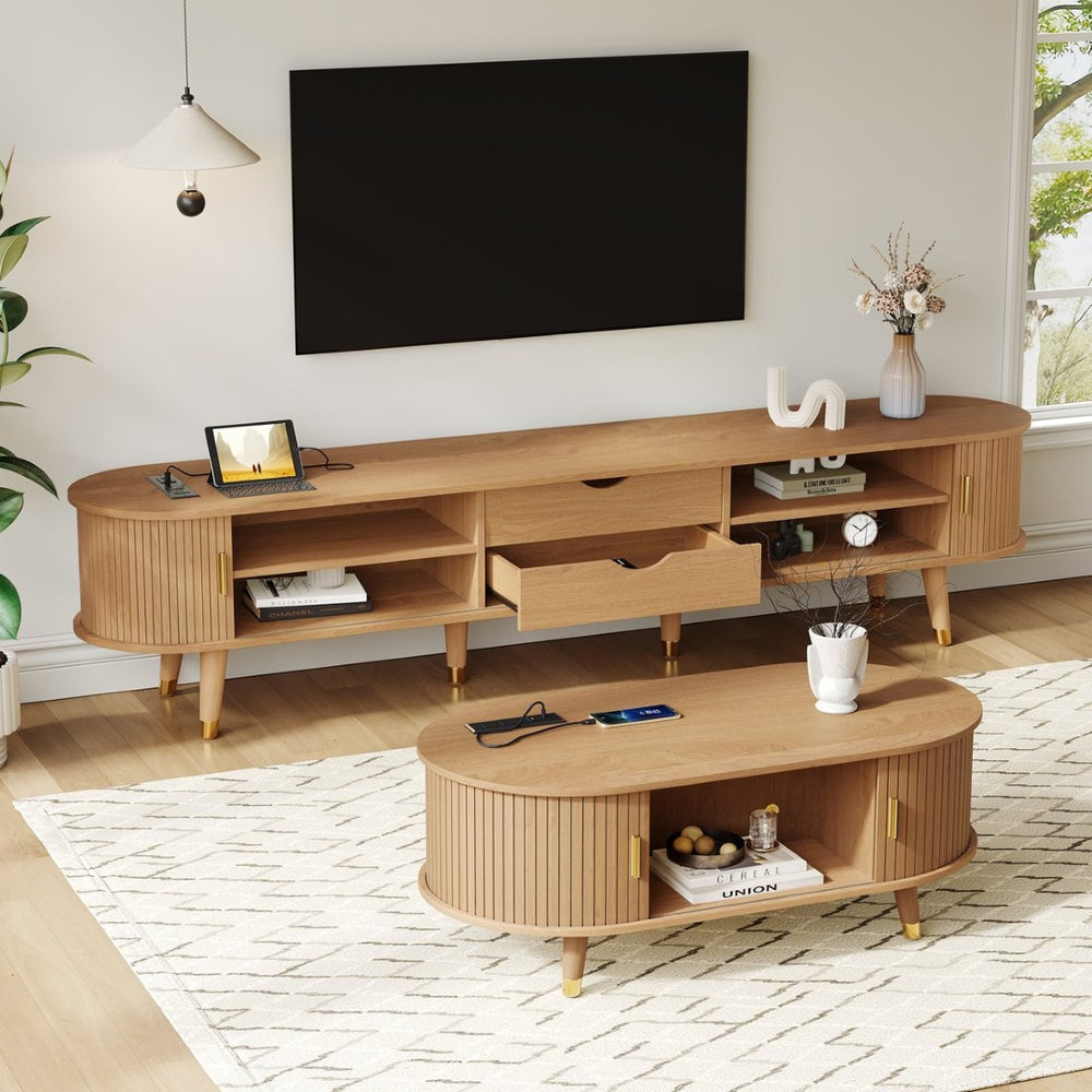 English Elm Farmhouse Tv Stand and Coffee Table Set with Fluted Doors Built-in Charging Station Natural N721S000049L-1
