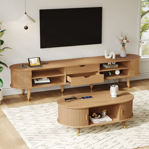 English Elm Farmhouse Tv Stand and Coffee Table Set with Fluted Doors Built-in Charging Station Natural N721S000049L-1