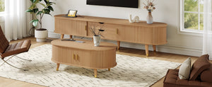 English Elm Farmhouse Tv Stand and Coffee Table Set with Fluted Doors Built-in Charging Station Natural N721S000049L-1