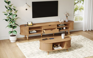English Elm Farmhouse Tv Stand and Coffee Table Set with Fluted Doors Built-in Charging Station Natural N721S000049L-1