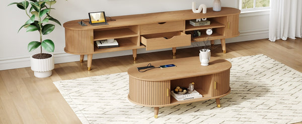 English Elm Farmhouse Tv Stand and Coffee Table Set with Fluted Doors Built-in Charging Station Natural N721S000049L-1