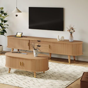 English Elm Farmhouse Tv Stand and Coffee Table Set with Fluted Doors Built-in Charging Station Natural N721S000049L-1