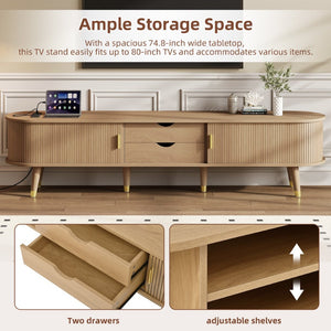 English Elm Farmhouse Tv Stand and Coffee Table Set with Fluted Doors Built-in Charging Station Natural N721S000049L-1