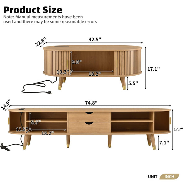 English Elm Farmhouse Tv Stand and Coffee Table Set with Fluted Doors Built-in Charging Station Natural N721S000049L-1