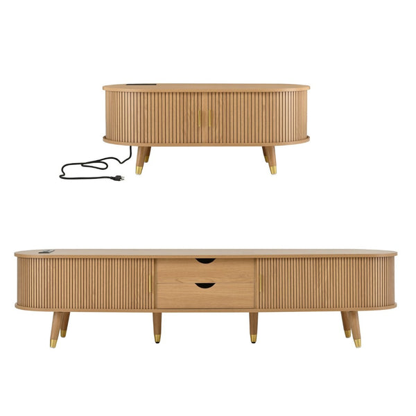English Elm Farmhouse Tv Stand and Coffee Table Set with Fluted Doors Built-in Charging Station Natural N721S000049L-1