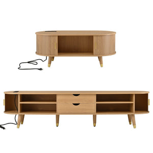 English Elm Farmhouse Tv Stand and Coffee Table Set with Fluted Doors Built-in Charging Station Natural N721S000049L-1