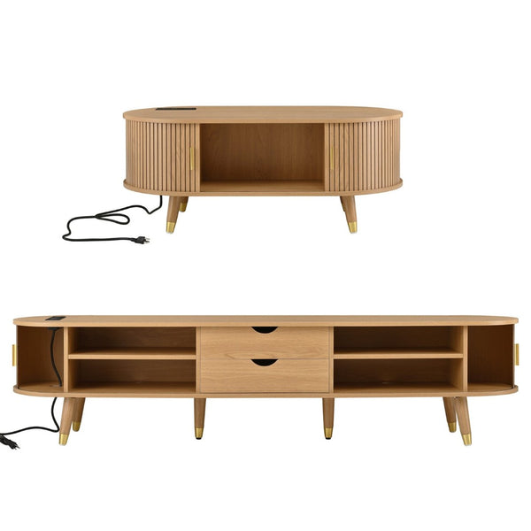 English Elm Farmhouse Tv Stand and Coffee Table Set with Fluted Doors Built-in Charging Station Natural N721S000049L-1