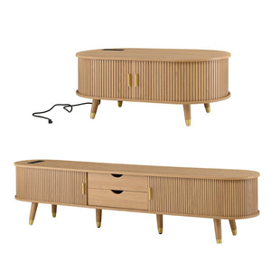 English Elm Farmhouse Tv Stand and Coffee Table Set with Fluted Doors Built-in Charging Station Natural N721S000049L-1
