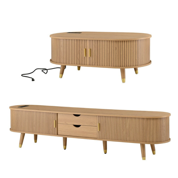 English Elm Farmhouse Tv Stand and Coffee Table Set with Fluted Doors Built-in Charging Station Natural N721S000049L-1
