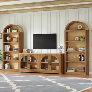 English Elm 3-Piece Farmhouse Entertainment Center with Arched Glass Doors and Open Bookshelf Towers N721S000070D