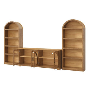 English Elm 3-Piece Farmhouse Entertainment Center with Arched Glass Doors and Open Bookshelf Towers N721S000070D