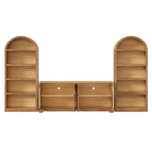 English Elm 3-Piece Farmhouse Entertainment Center with Arched Glass Doors and Open Bookshelf Towers N721S000070D