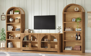 English Elm 3-Piece Farmhouse Entertainment Center with Arched Glass Doors and Open Bookshelf Towers N721S000070D