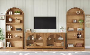 English Elm 3-Piece Farmhouse Entertainment Center with Arched Glass Doors and Open Bookshelf Towers N721S000070D