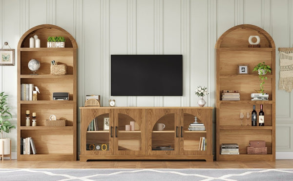 English Elm 3-Piece Farmhouse Entertainment Center with Arched Glass Doors and Open Bookshelf Towers N721S000070D