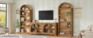 English Elm 3-Piece Farmhouse Entertainment Center with Arched Glass Doors and Open Bookshelf Towers N721S000070D