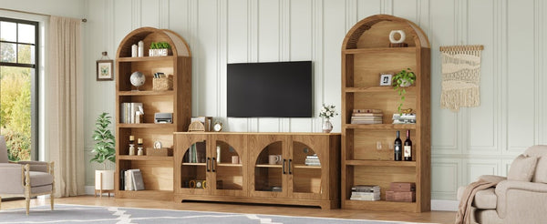 English Elm 3-Piece Farmhouse Entertainment Center with Arched Glass Doors and Open Bookshelf Towers N721S000070D