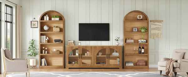 English Elm 3-Piece Farmhouse Entertainment Center with Arched Glass Doors and Open Bookshelf Towers N721S000070D