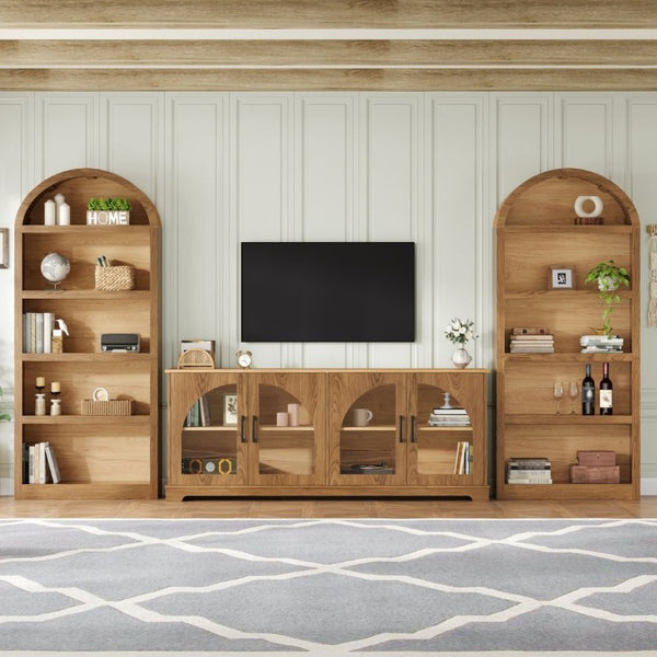 English Elm 3-Piece Farmhouse Entertainment Center with Arched Glass Doors and Open Bookshelf Towers N721S000070D
