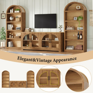 English Elm 3-Piece Farmhouse Entertainment Center with Arched Glass Doors and Open Bookshelf Towers N721S000070D