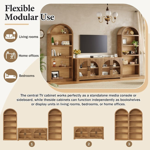 English Elm 3-Piece Farmhouse Entertainment Center with Arched Glass Doors and Open Bookshelf Towers N721S000070D