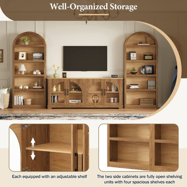 English Elm 3-Piece Farmhouse Entertainment Center with Arched Glass Doors and Open Bookshelf Towers N721S000070D