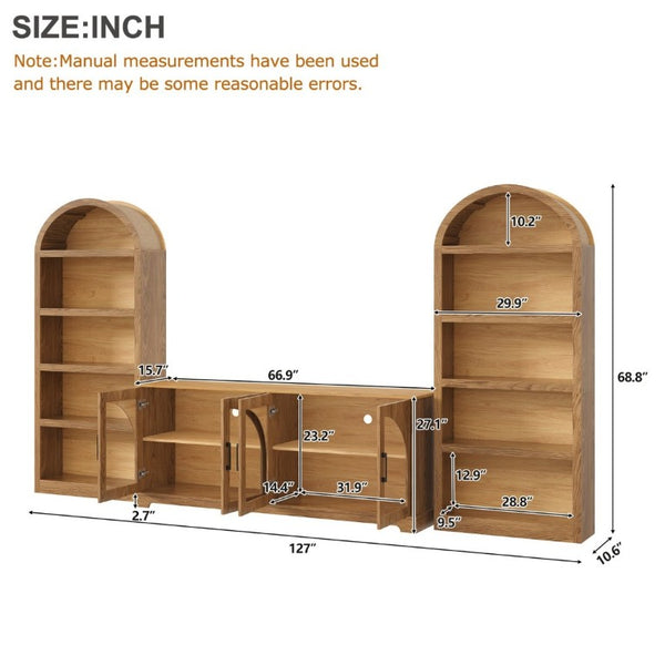 English Elm 3-Piece Farmhouse Entertainment Center with Arched Glass Doors and Open Bookshelf Towers N721S000070D